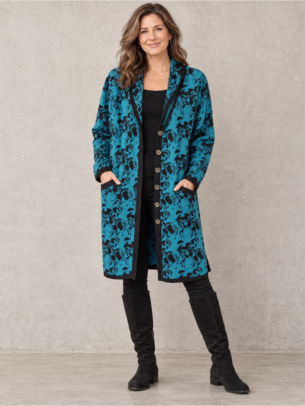 Peck & Peck XL Teal Floral Long Cardigan Duster